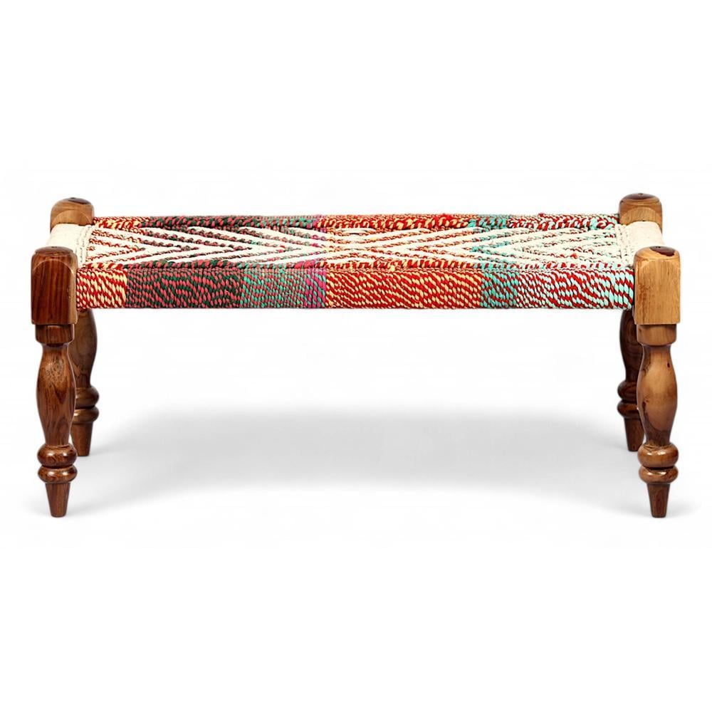 Oakville Sheesham Wood 2 Seater Maachi Bench In Assorted Multi-Colour Chindi & White Rope Canning