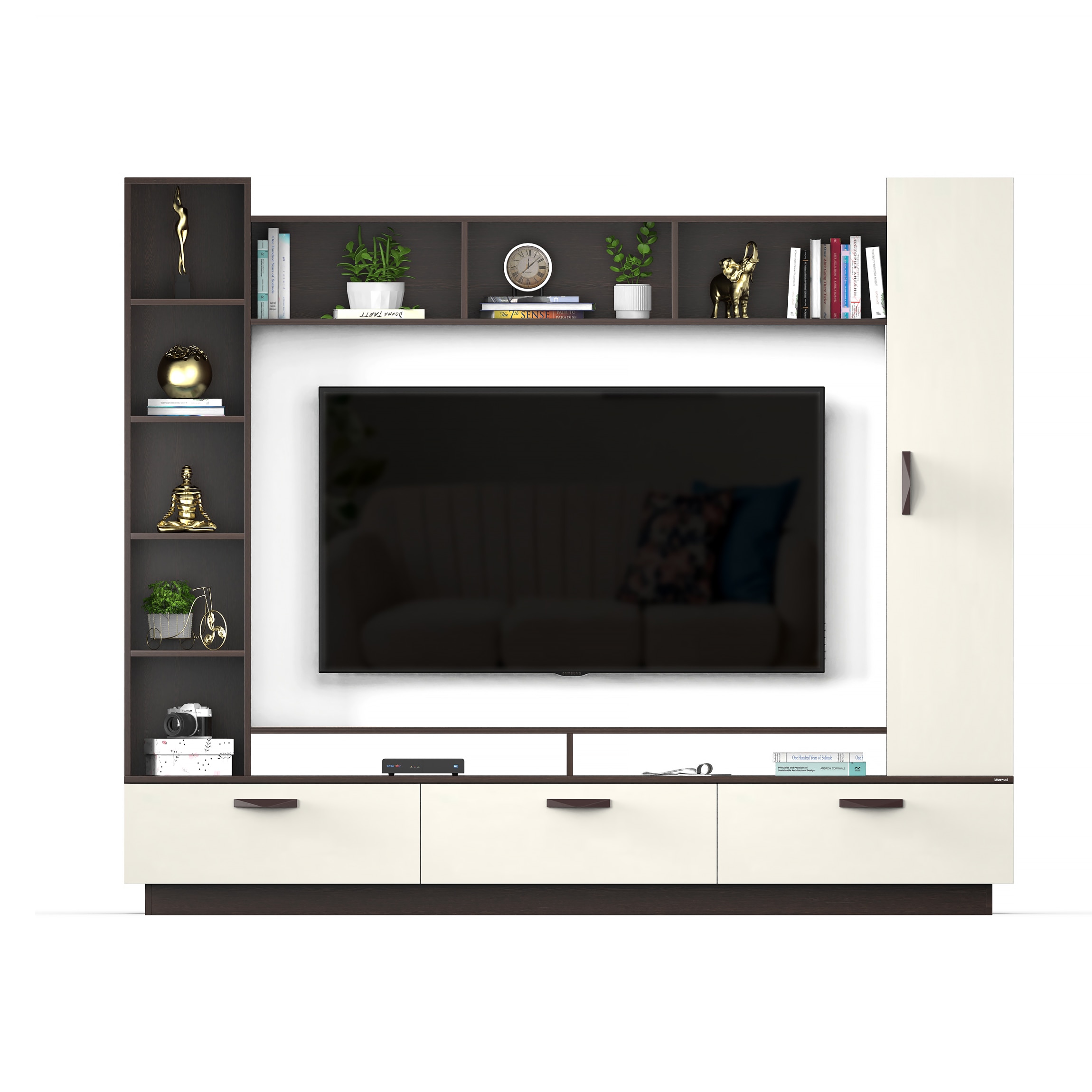 BLUEWUD Fenily Engineering Wood Floor Standing TV Entertainment Unit Set Top Box Stand/TV Cabinet Panel with Shelves for Books & D�cor Display Unit Bed Living Room Upto 60 Inches (Wenge & White)