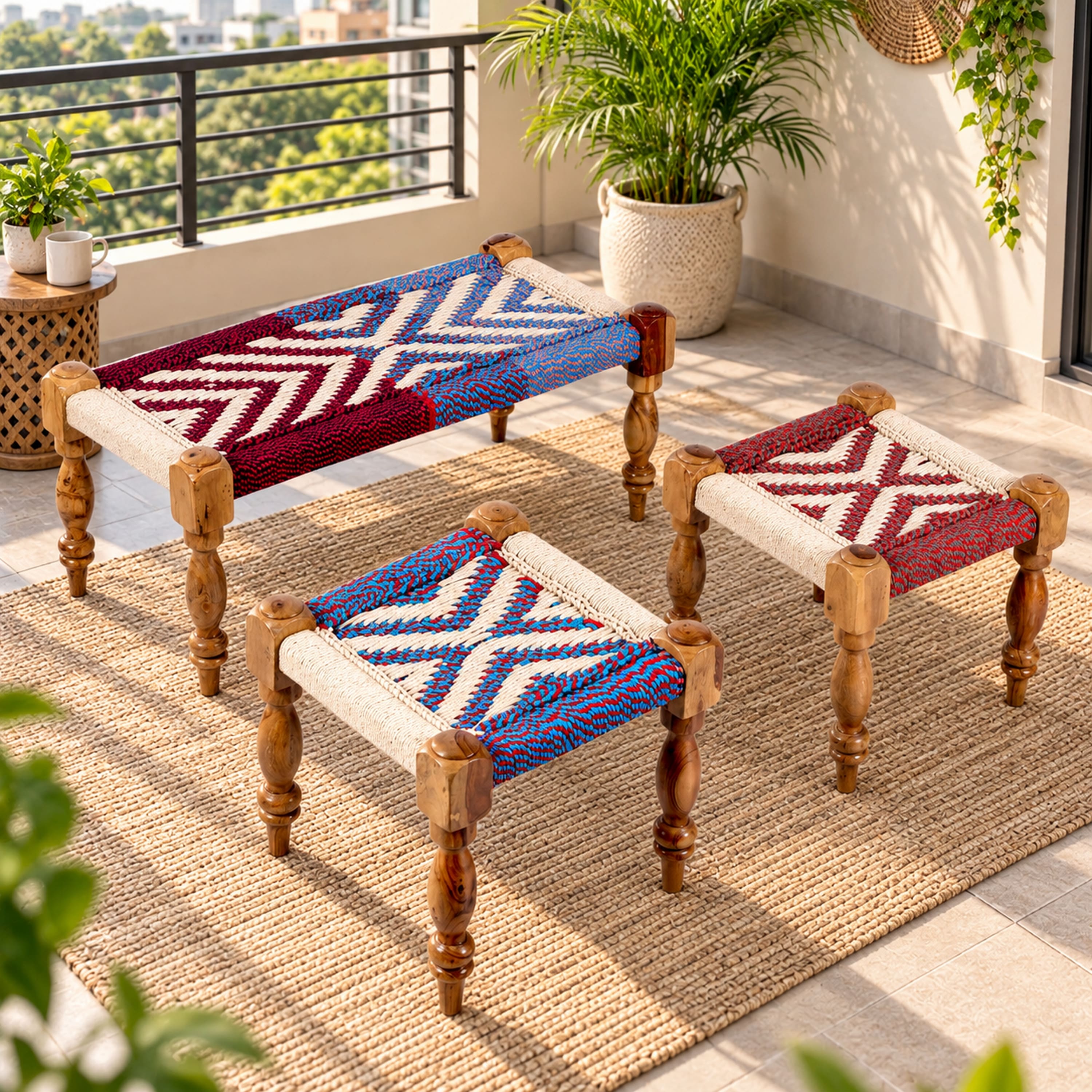 Oakville Sheesham Wood Vintage 3 Seater Maachi Balcony Bench with 2 Stools in Multi Colour