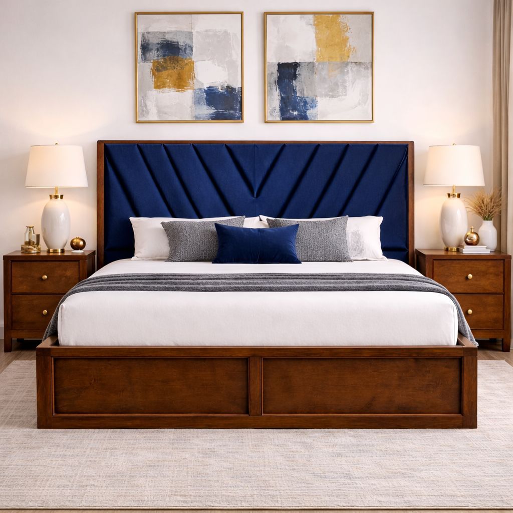 Zyra Solid Wood Queen  Size Upholstered Bed With Hydraulic Storage (Provincial Teak Finish, Royal Blue Colour) - Globally Indian