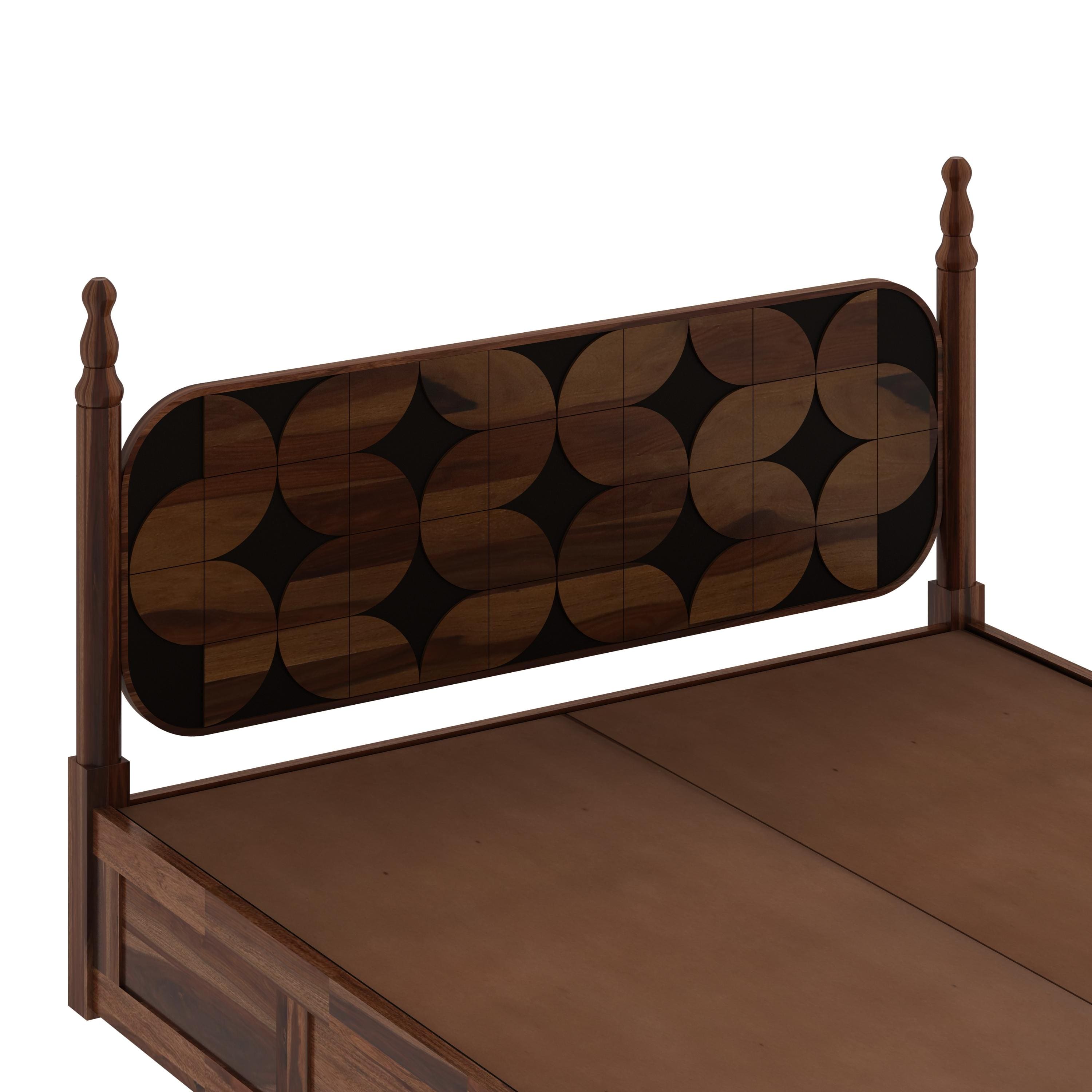 Rustic Sheesham Wood Queen Size Bed With Hydraulic Storage In Provincial Teak Finish