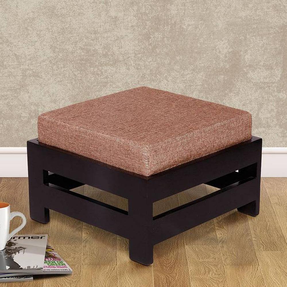 Kumkum Sheesham Wood Foot Stool in Dark Walnut Finish with Jute Beige Cushion