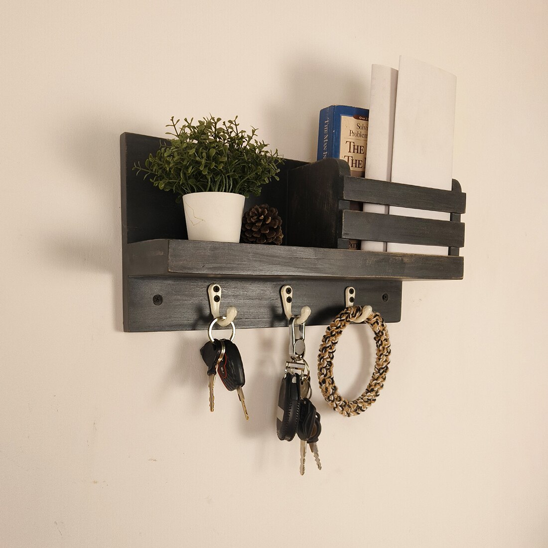 Richmond Wooden Wall Shelf Organiser With Key Holders