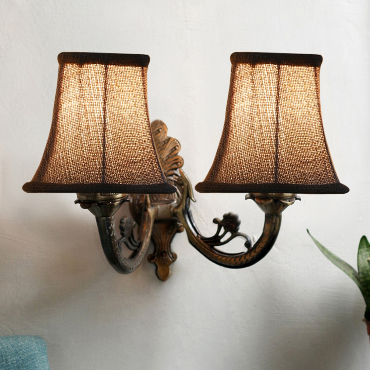 Devansh Dual Gold  Antique Wall Mounted Lamp With Beige Jute Shade