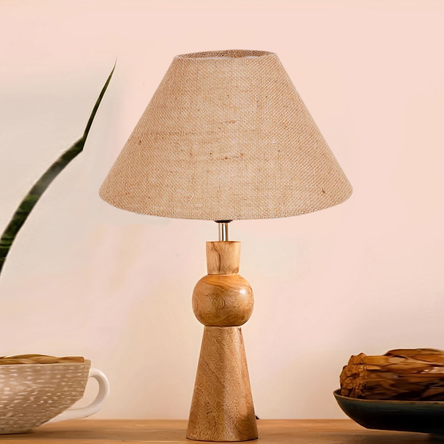 Devansh Beige Jute Table Lamp With  Wood Natural Base(10X18 Inches)-34