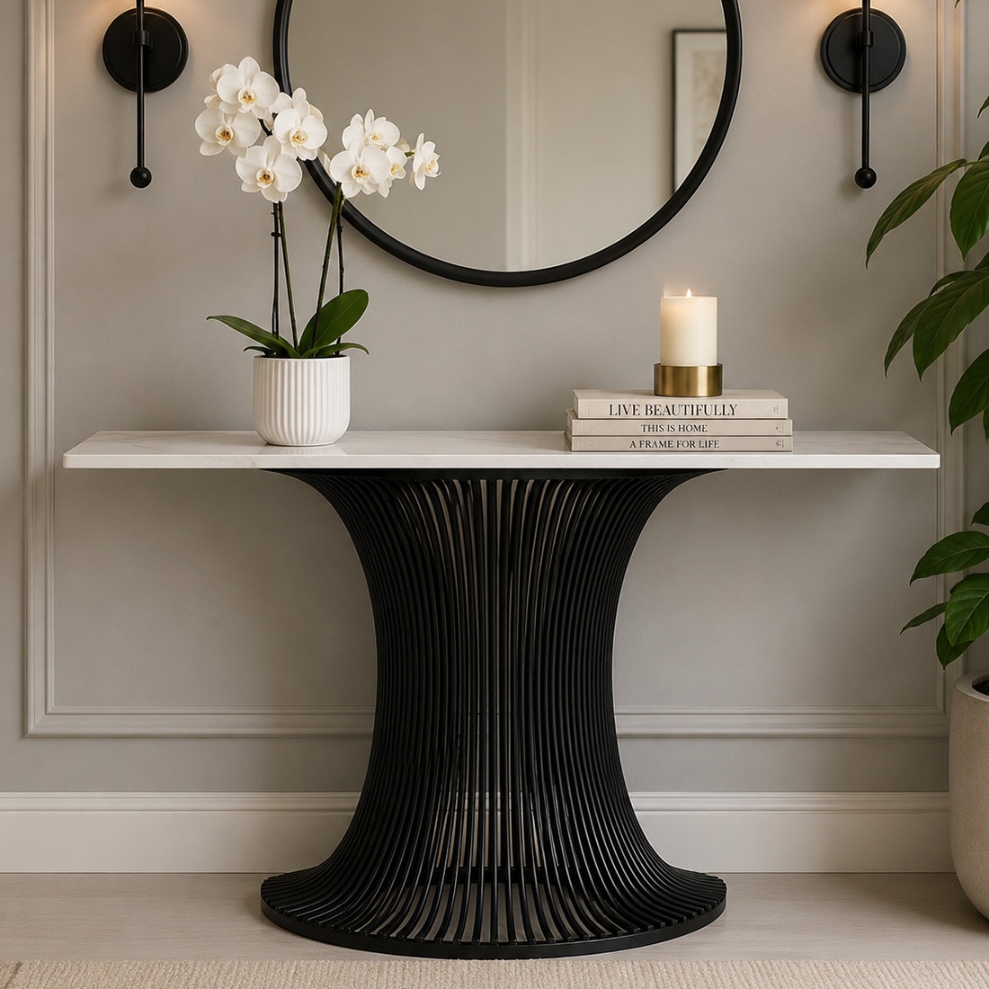 Sleek Metal Console Table Black Finish White Porcelain Top - Bhavya Exports