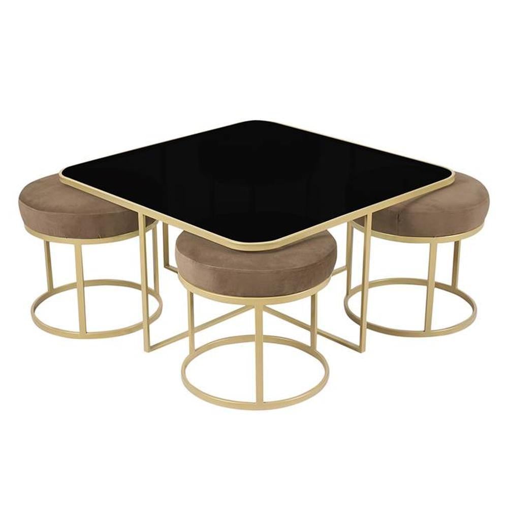 Benton Nesting Black Glass Coffee Table Set With 4 Stools In Gold Finish