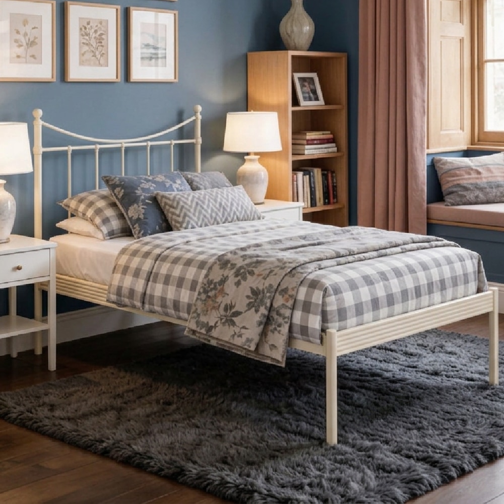 Camden Metal Non Storage Single Bed in Glossy Ivory Finish - Original Bed Co.