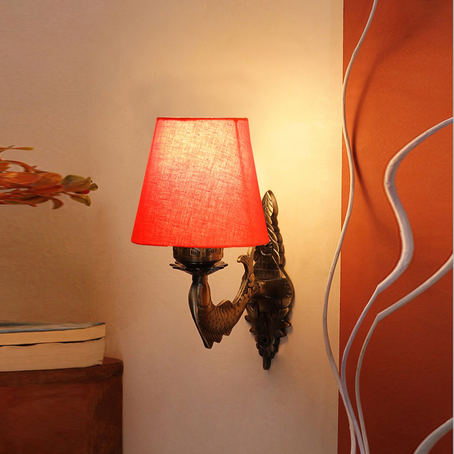 Devansh Metal Electric Wall Light in Antique Gold Colour with Orange Shade Count of 1 Light