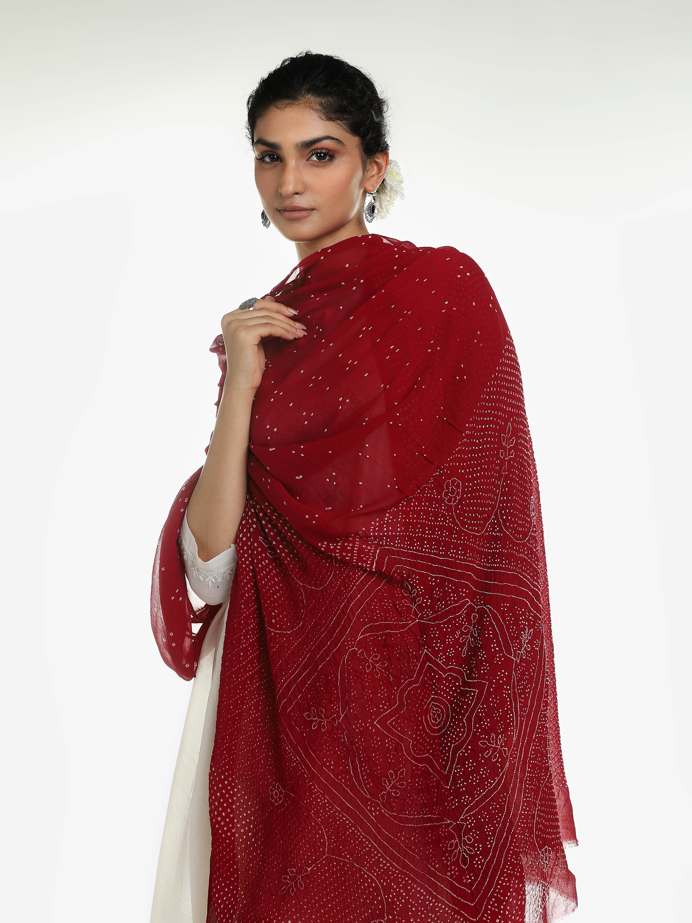 Side view of red georgette Bandhani tie and dye dupatta with detailed pattern layout