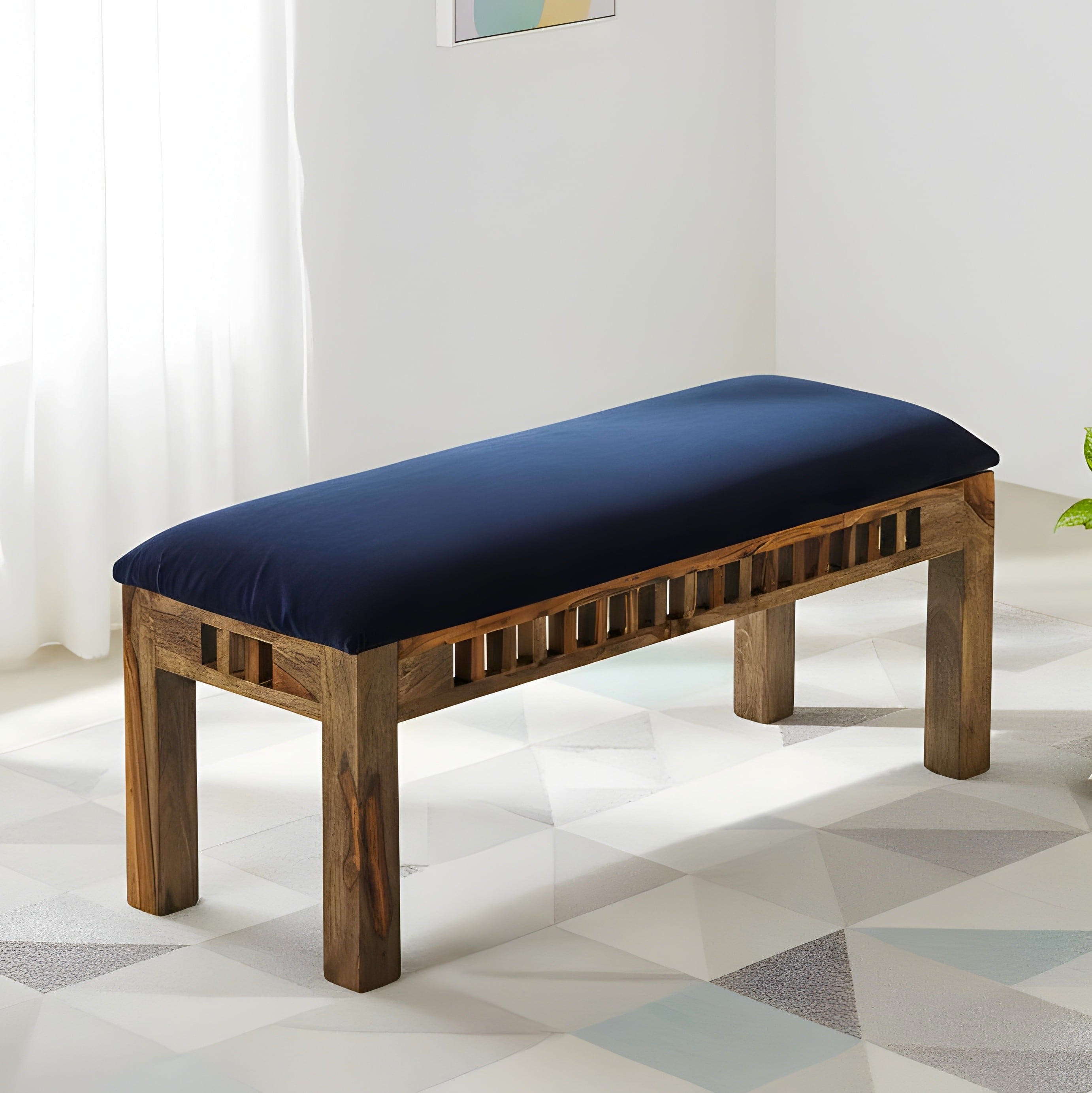 Milford Sheesham Wood Accent 3 Seater Dining Bench in Navy Blue Mosha Velvet