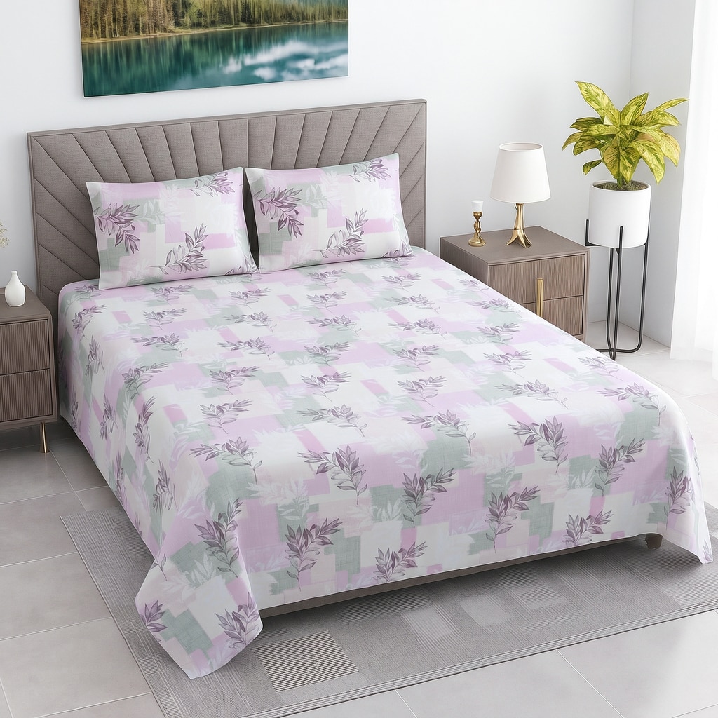 White And Pink Shade  Floral Cotton400 Tc Flat Double Queen Size Bedsheet With 2 Pillow Covers - Threads