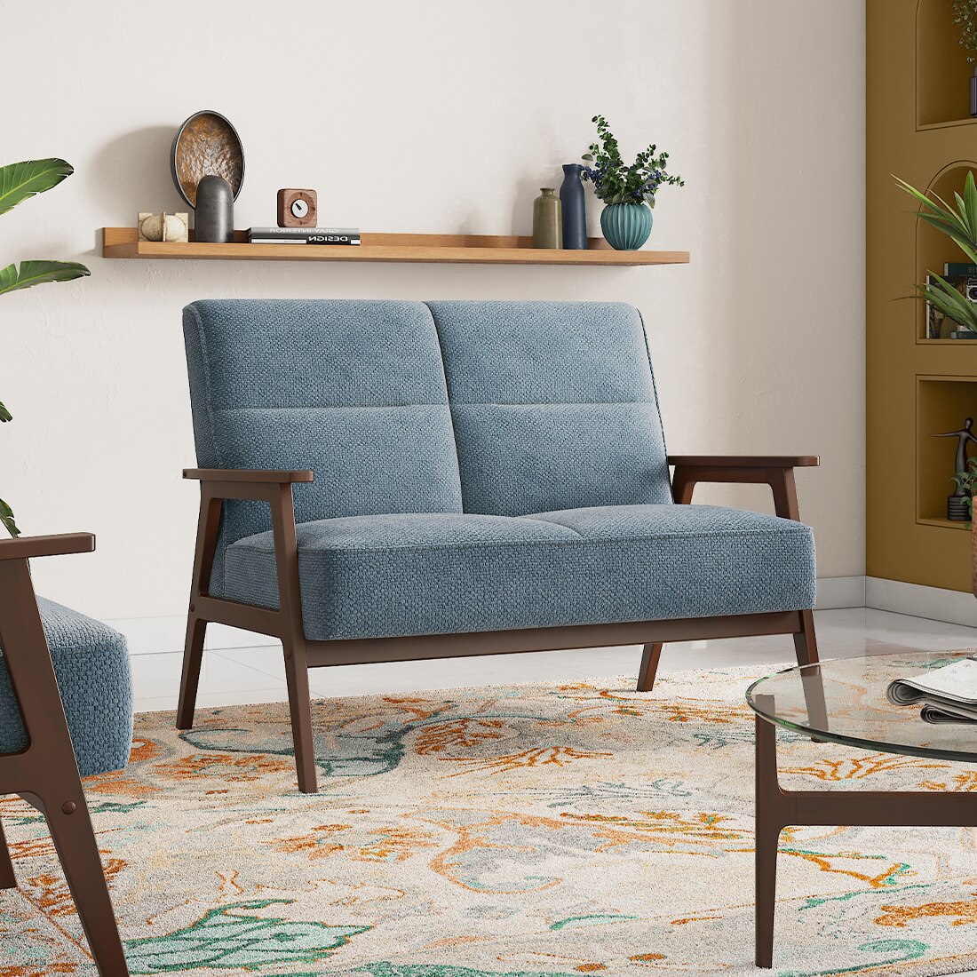 Logan 2 seater wooden sofa in Blue Fabric