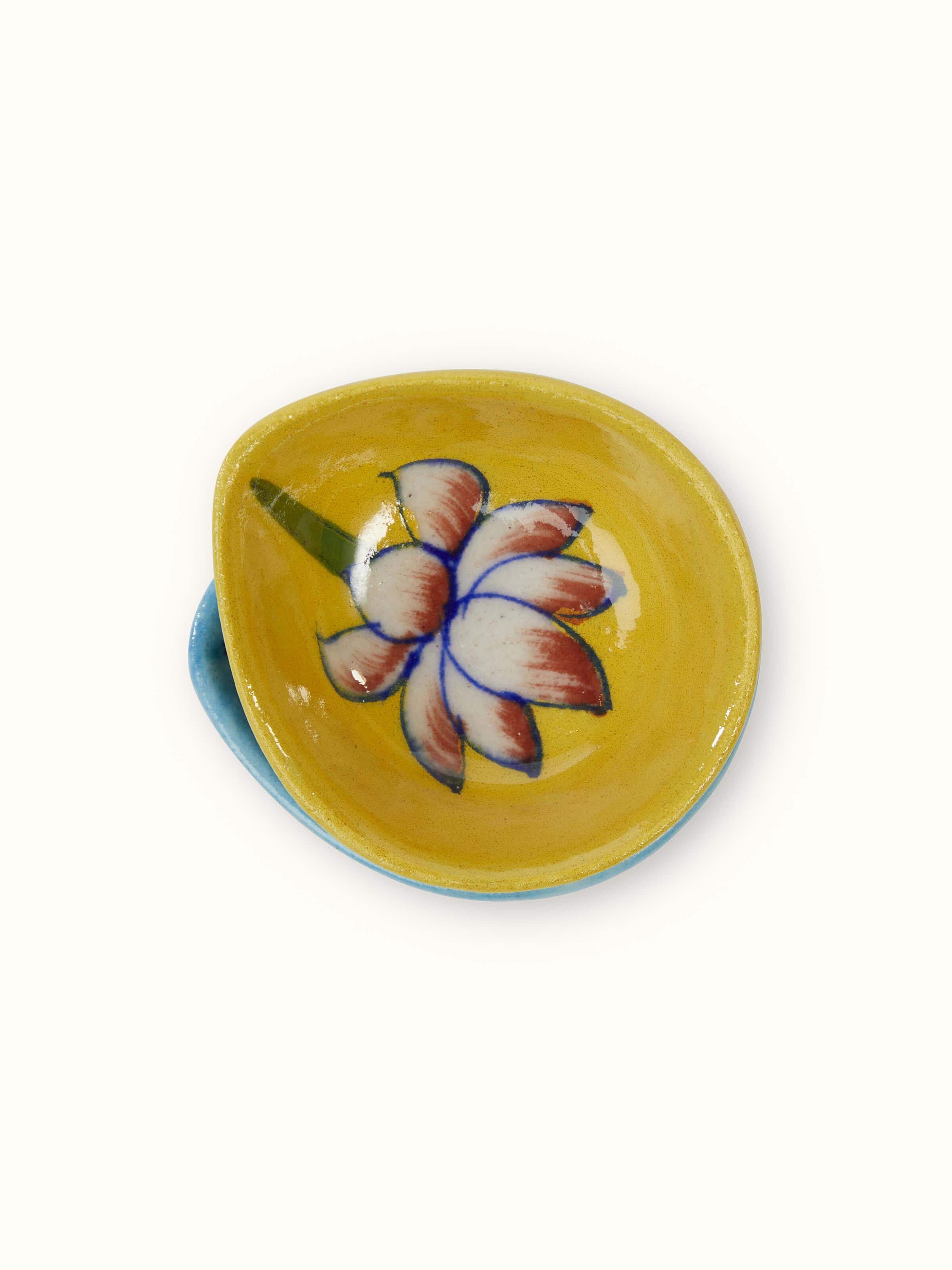 Detail view of Blue Pottery Ceramic Diyas (3 pcs) focusing on the fine detailing and craftsmanship.