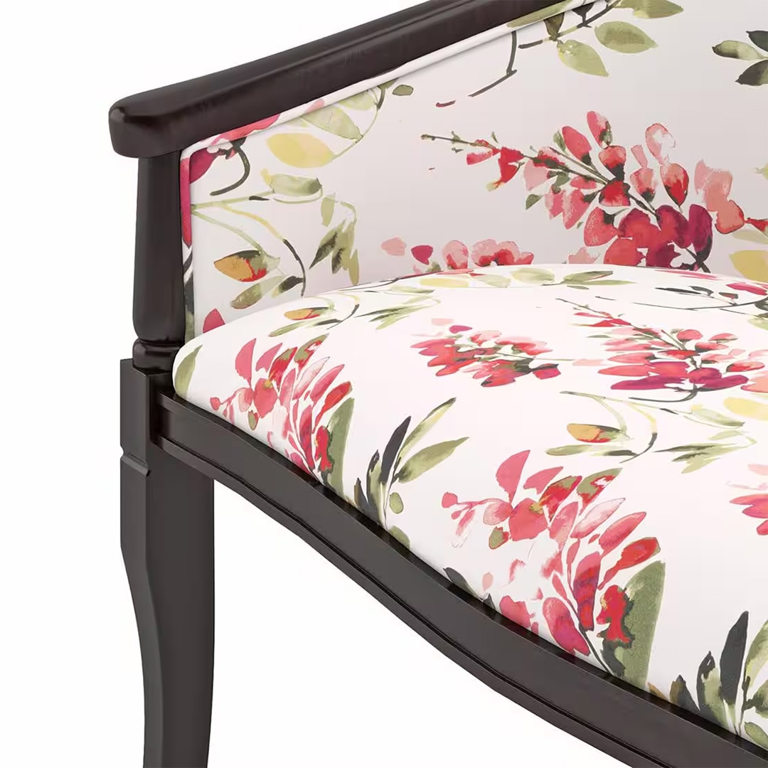 Florence Loveseat 2 Seater In Mahogany Finish With Caramine Cassia Red Floral Print Colour