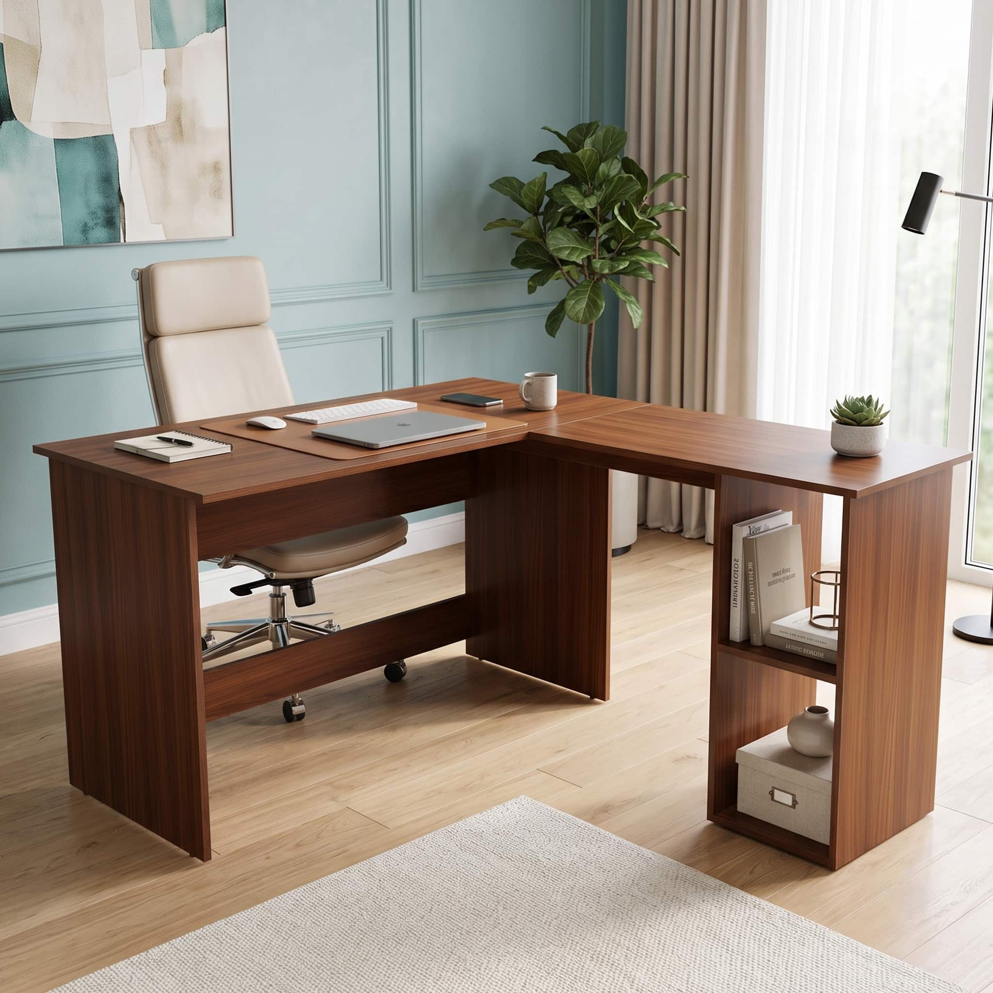 Brightmind Engineered Wood L Shape Study Table in Walnut Finish
