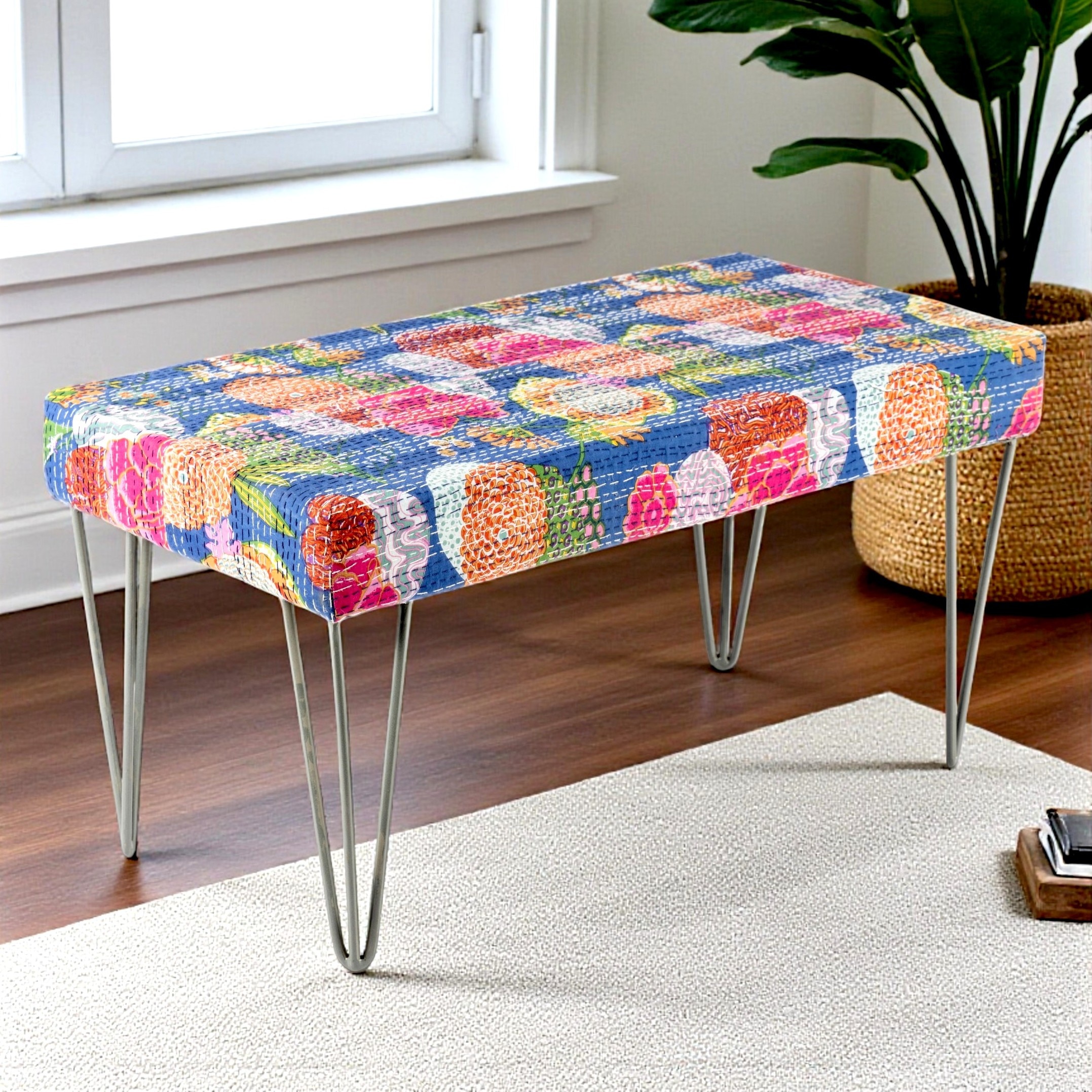 Velas Sheesham Wood Mid Century 2 Seater Bench With Metal Legs In Fruit Print Blue Kantha - Ikiriya