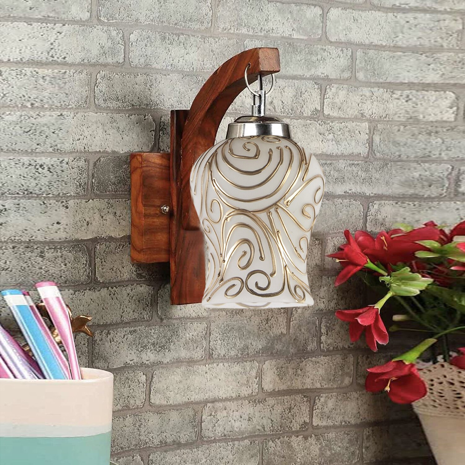 Devansh Solid Wood Electric Wall Light in Brown Colour with Multi Shade Count of 1 Light - Devansh