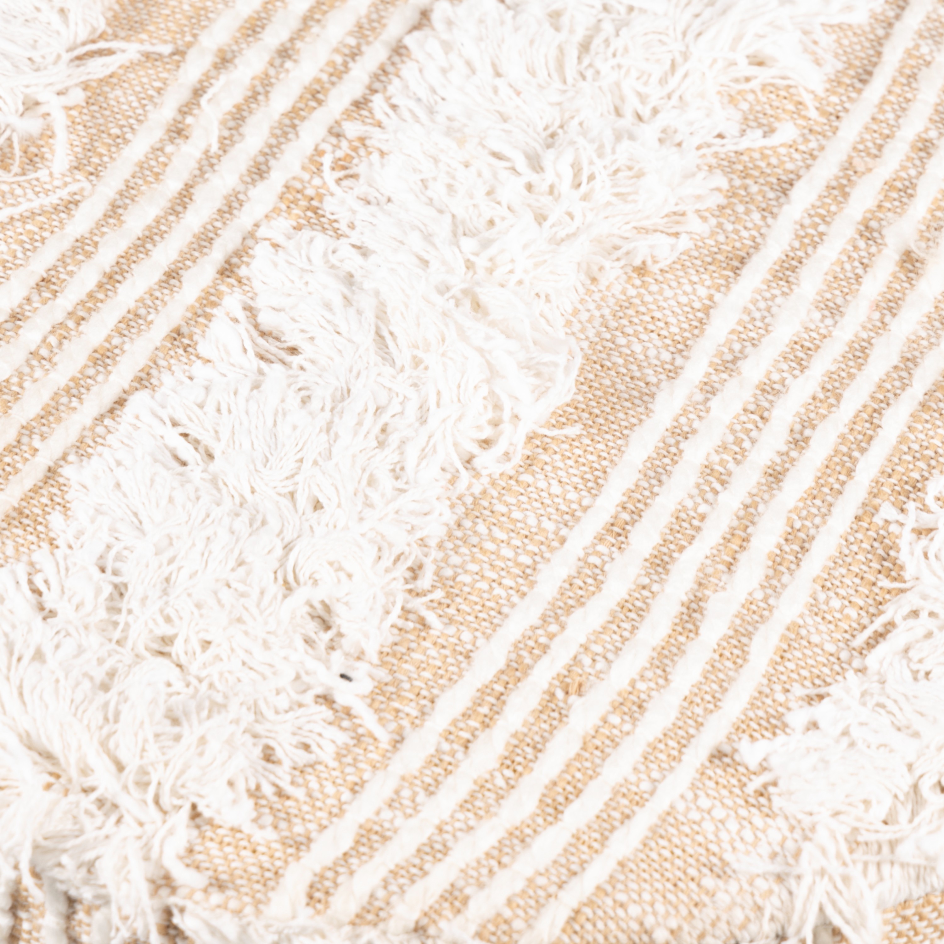 Louisville Acacia Wood Mid Century Round Pouf Stool in Beige Fabric