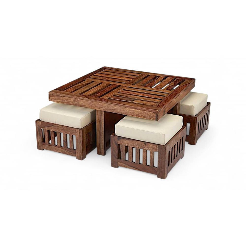 Palladio Sheesham Wood Accent Coffee Table Set With 4 Stools In Natural Teak Finish