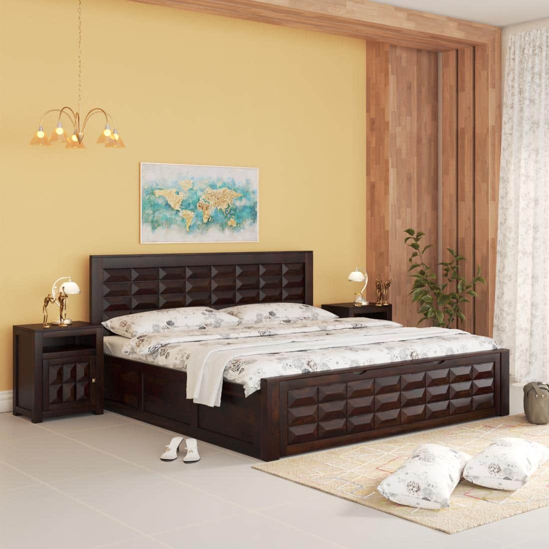Shashi Solid Wood King Size Bed With Box & Front Drawer Storage Bed In Walnut Finish