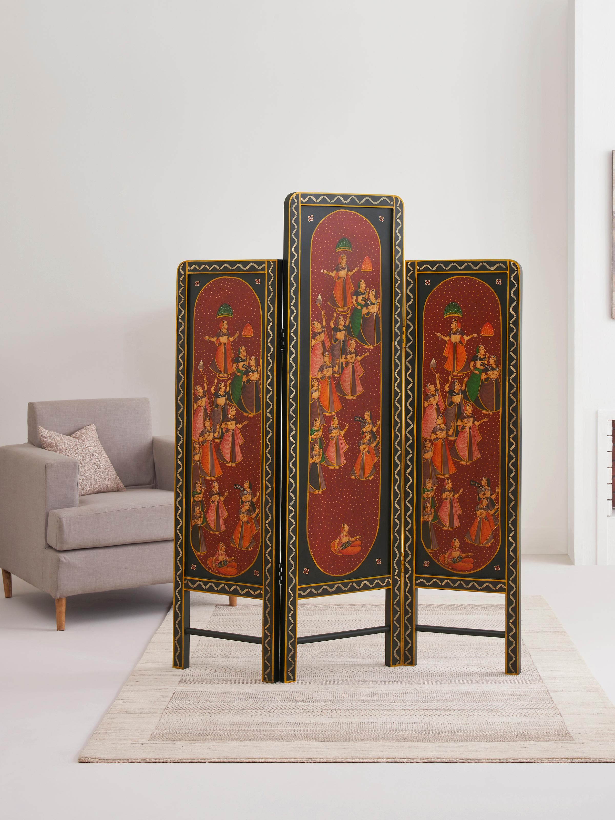 Close-up of the miniature paintings on the partition screen, highlighting the fine brushwork and vivid colors.