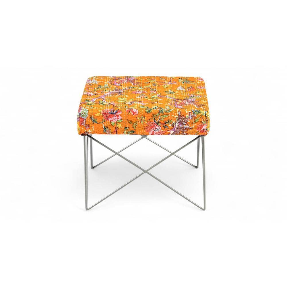 Asansol Sheesham Wood Mid Century Square Set of 2 Stools     in Bird Print Orange Kantha Upholstery
