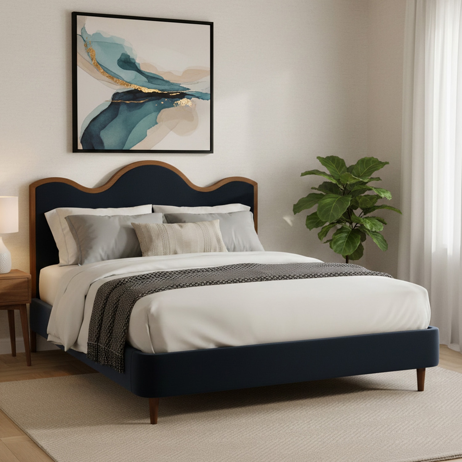 Solara Wave Luxe Queen Size Bed in velvet With Oak wood Frame & Hydraulic Storage - Nestroots