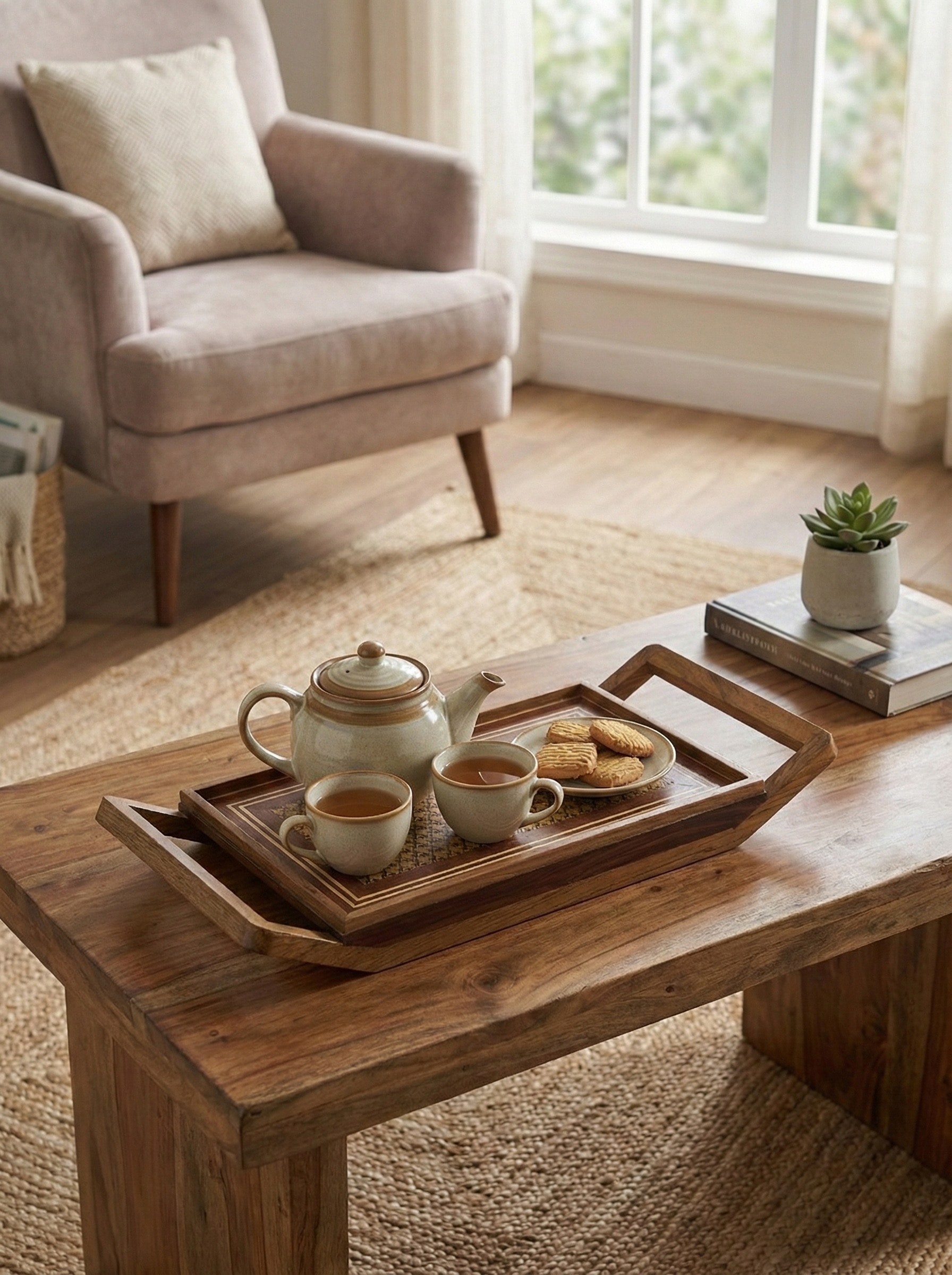 Lifestyle view of Marquetry Wood & Mdf Serving Tray (14 X 6 Inches)