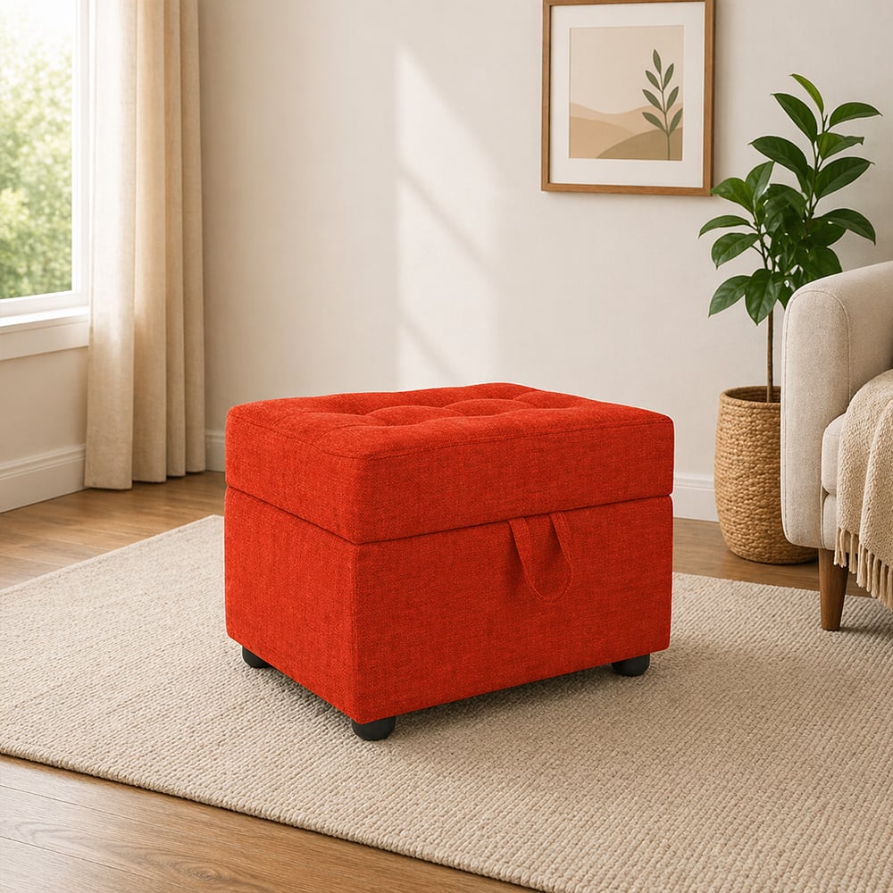 Doe Buck Tufted Storage Ottoman Bench in Orange Colour Fabric - Doe Buck