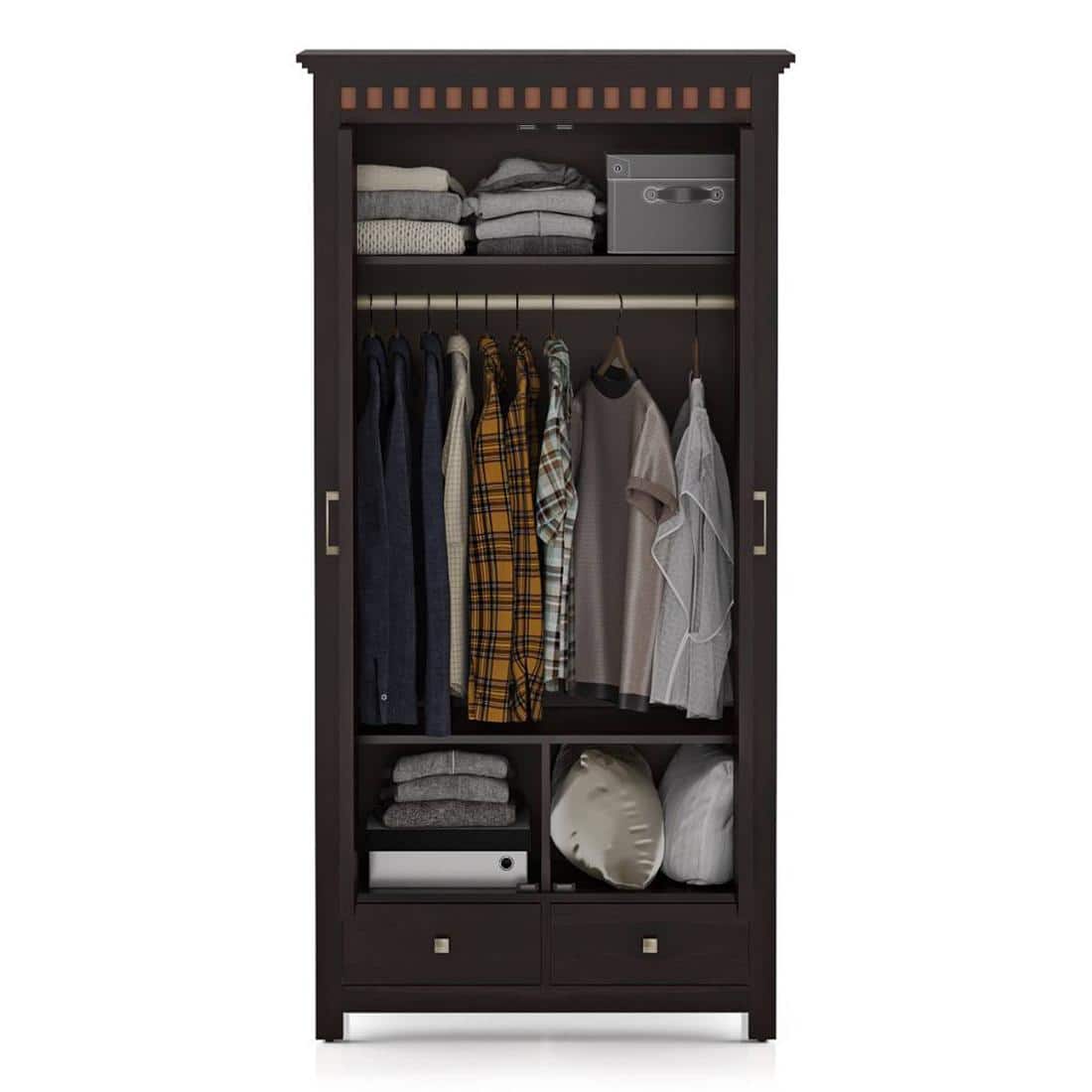 Fidora Solid Wood 2 Door Wardrobe in Mahogany Finish