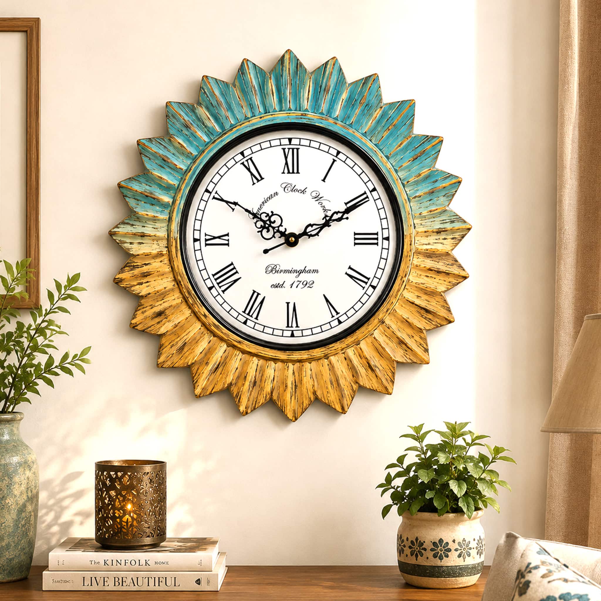 Blue Green Gold Solid Wood Surya Wall Clock By DisooFashions - Disoo Fashions