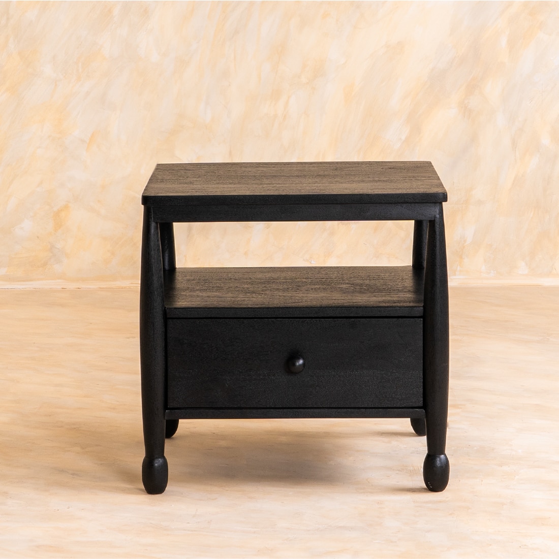Archie Spindle Solid Wood Bedside Table in Black Colour - Orange Tree