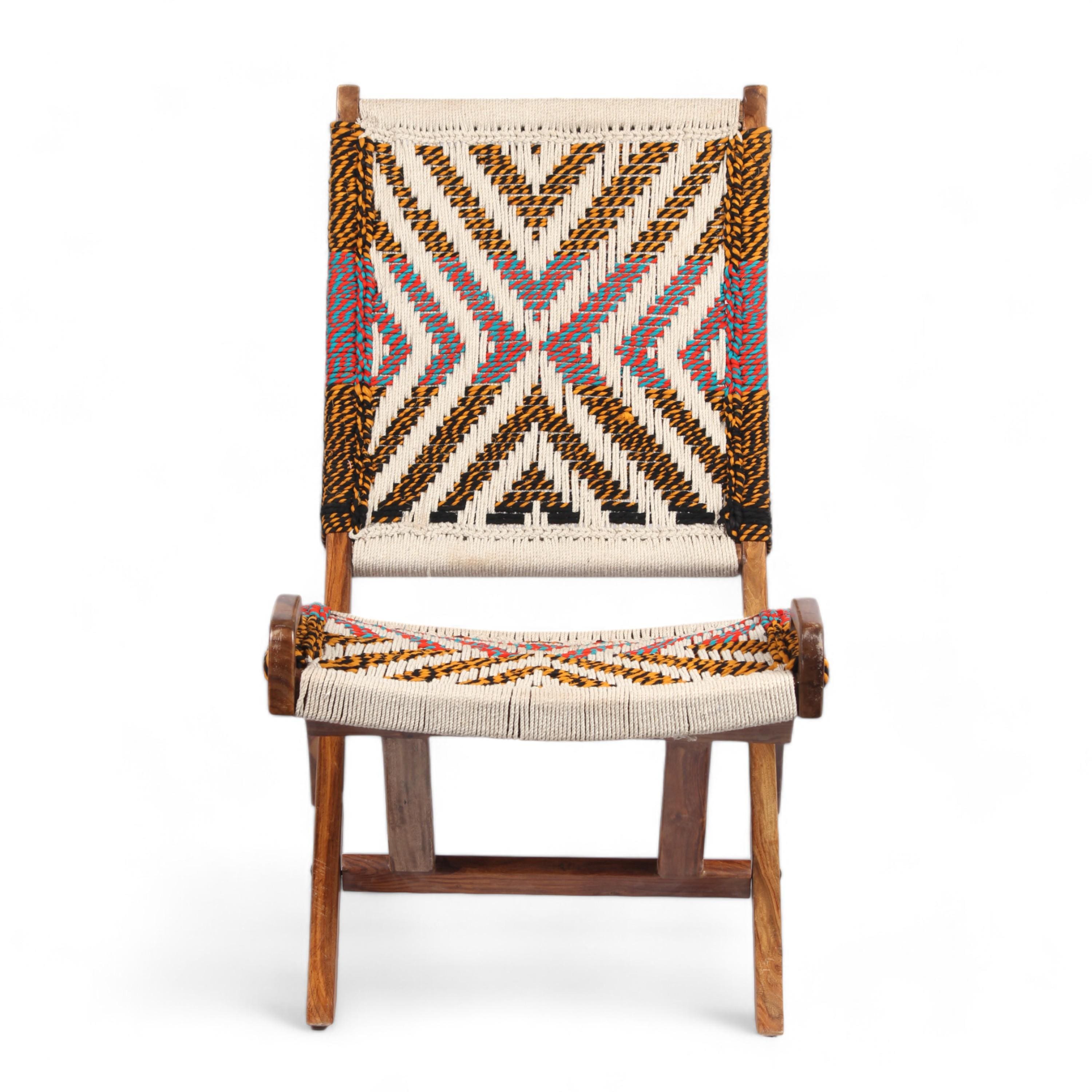 NatWest Sheesham Wood Relaxing Lounge Chair in Assorted Multi-Colour Chindi and White Rope Canning