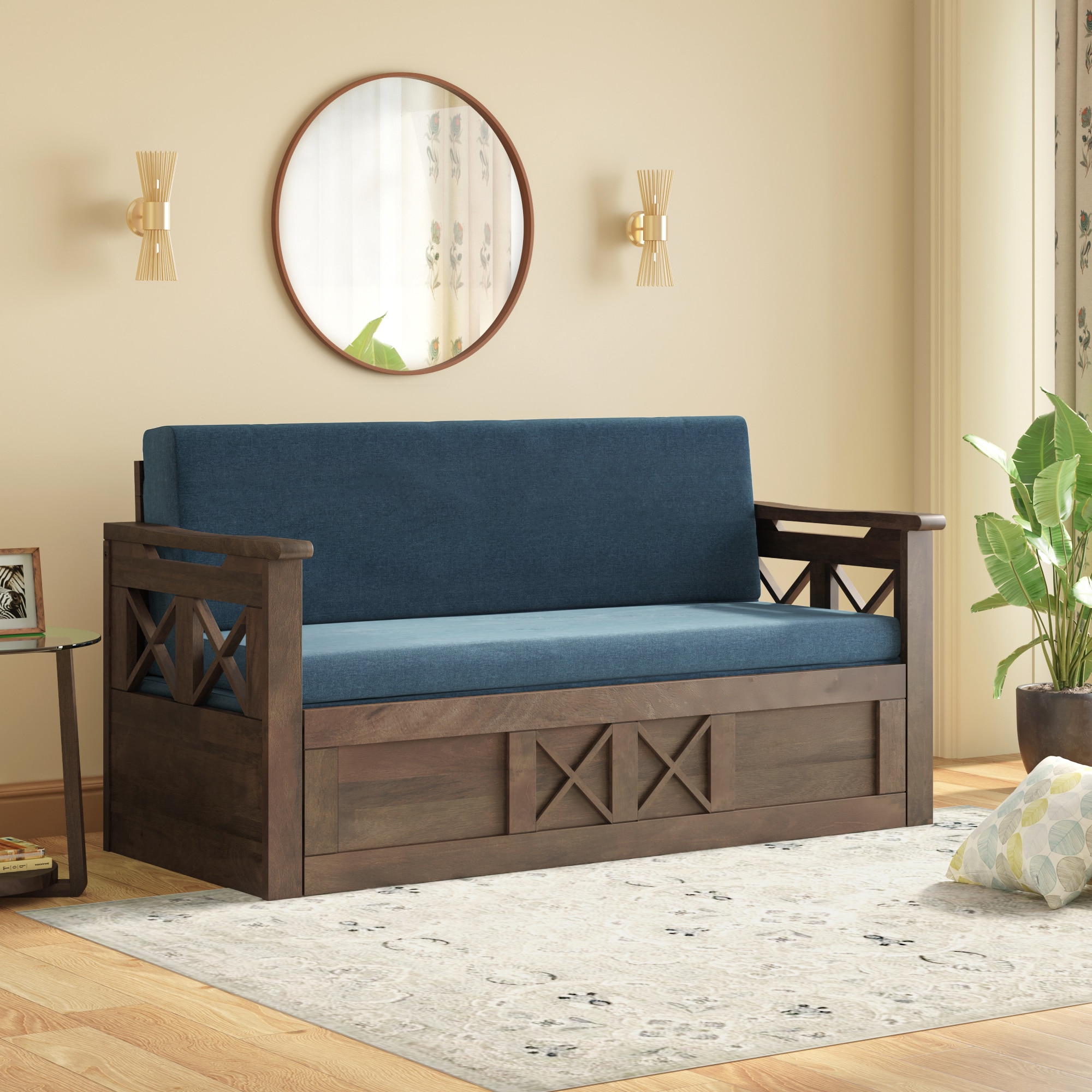 Bram 3 Seater Sofa Cum Bed in Danish Walnut Finish with Delft Blue Colour