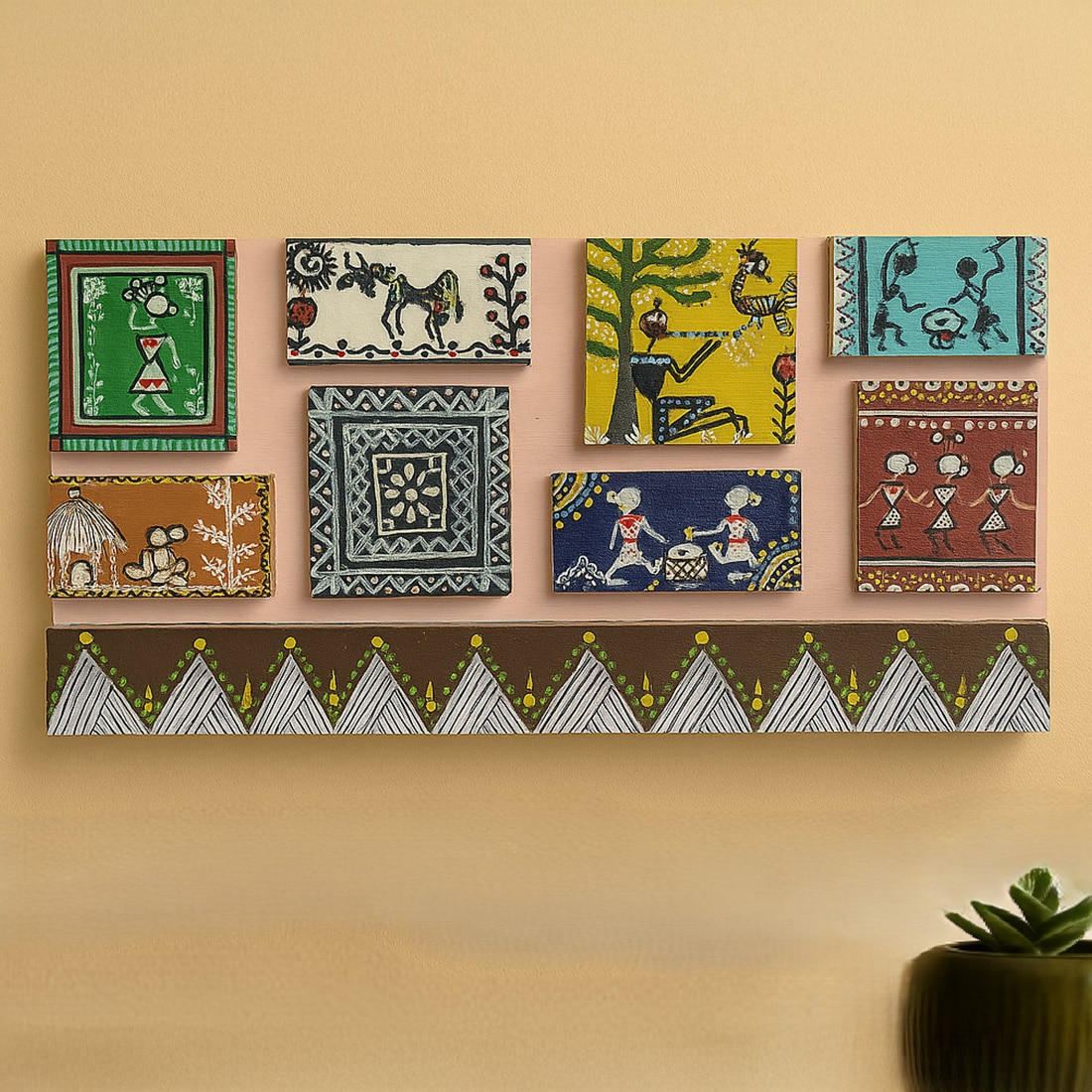 Multi Color Wooden Wall Art Panel with hand made Tribal traditional Art patterns