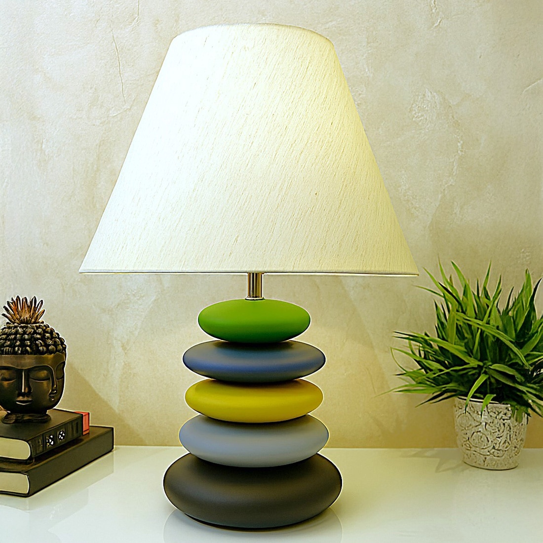 Pebble Green Yellow Blend Wooden Table Lamp in Multicolor