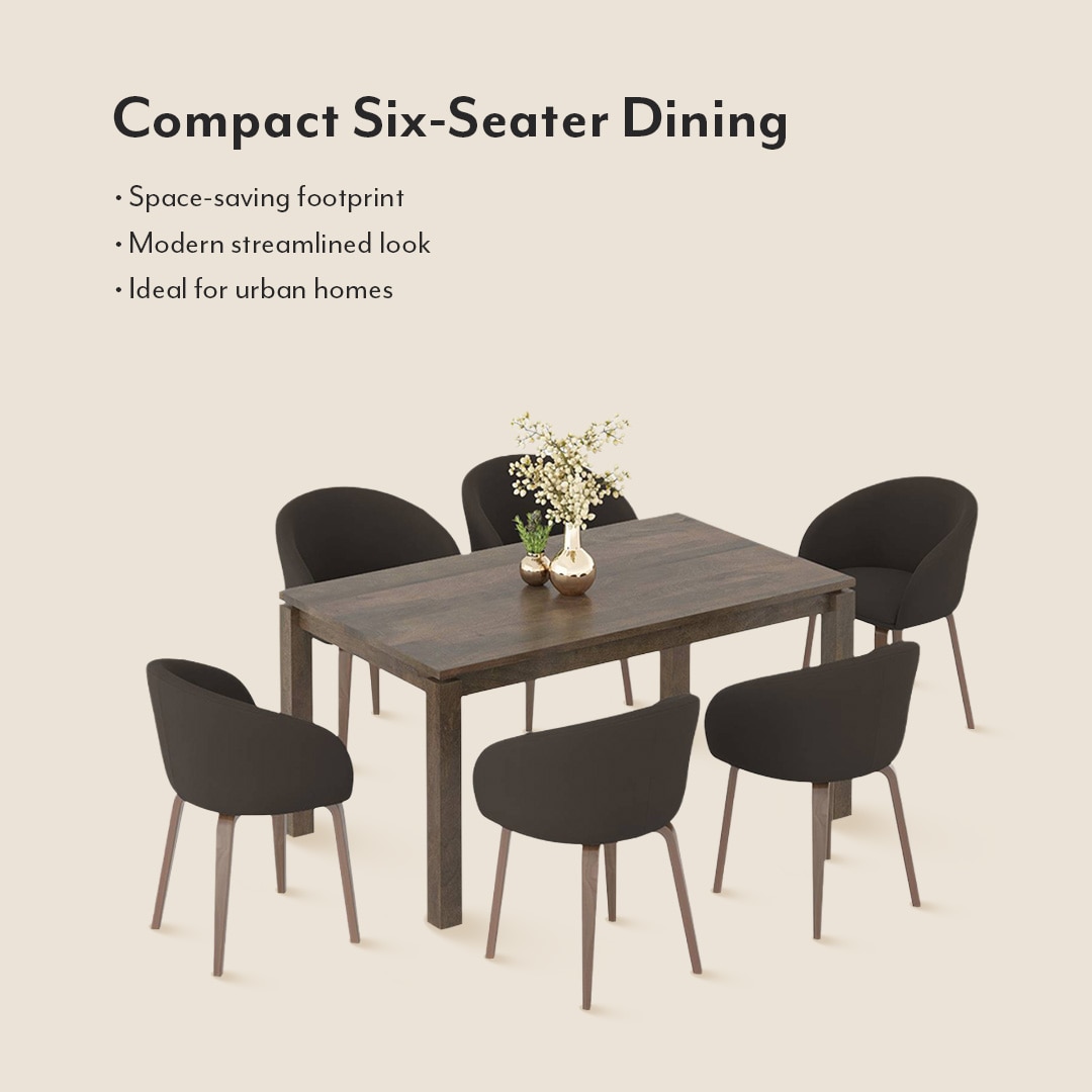 Atlas Solid Wood 6 Seater Compact Dining Table with 6 Meryl Lounge Chair