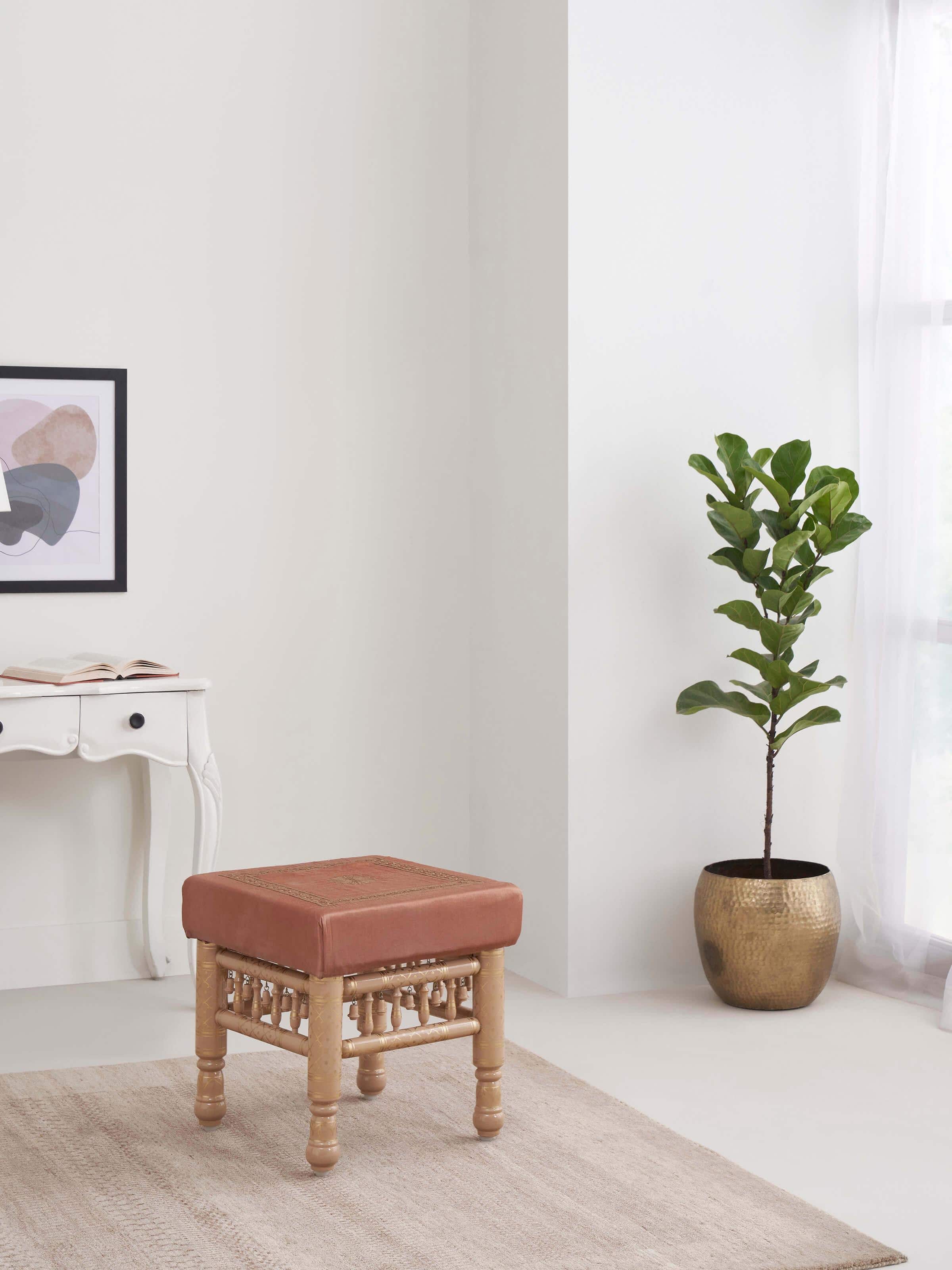 Side view of Teak Wood Sankheda Upholstered Square Stool with intricate Sankheda woodwork and soft upholstery for added comfort.