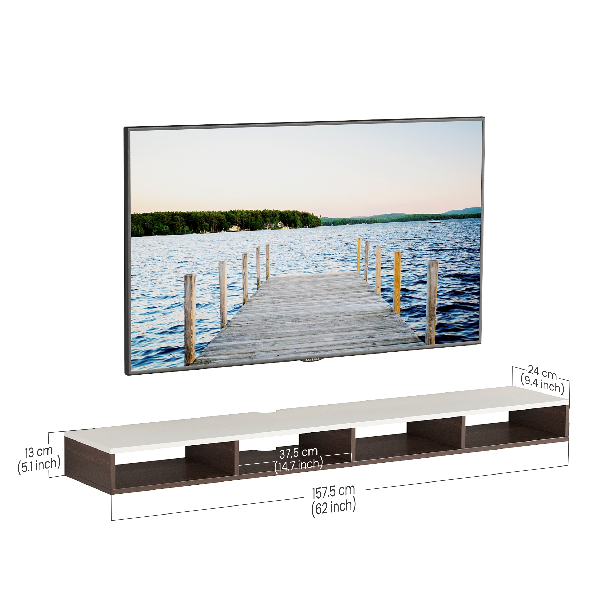 BLUEWUD Primax Solo Large Engineering Wood Wall Mount TV Entertainment Unit Set Top Box Stand/TV Cabinet Panel with Shelves for Books & D�cor Display Unit, Ideal for 55� (Wenge & White)