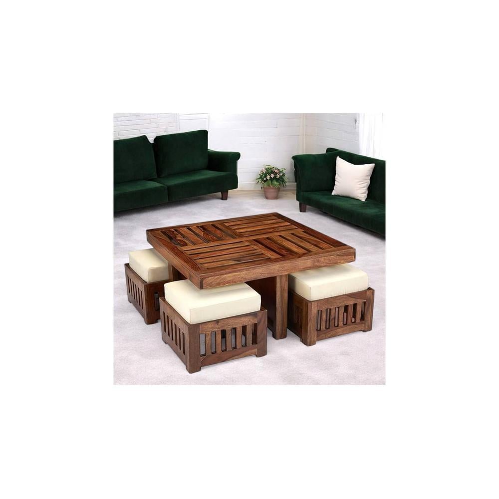 Palladio Sheesham Wood Accent Coffee Table Set With 4 Stools In Natural Teak Finish