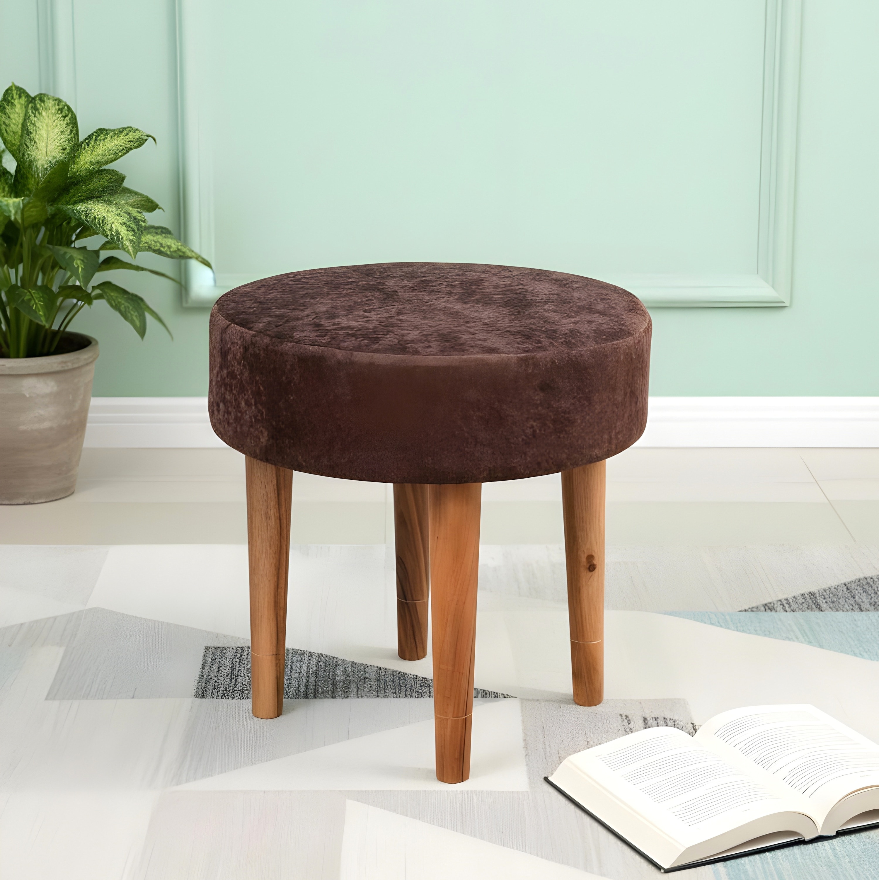 Nayla Solid Wood Stool in Brown Sparkle Velvet Fabric