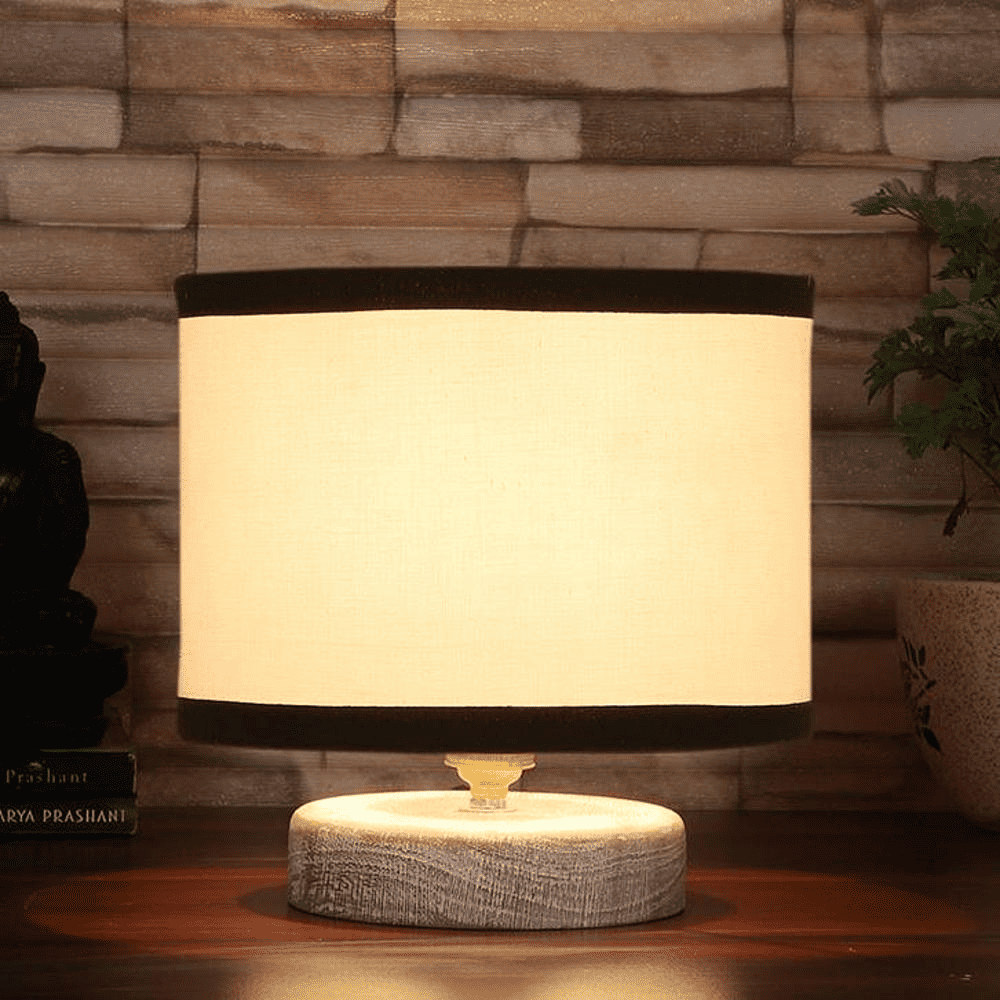 Avery white & black cotton table lamp with White Brushed wood base