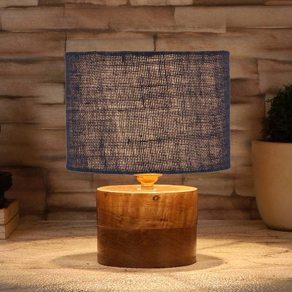 Damia Blue Jute table lamp with Natural Wood Base - Devansh