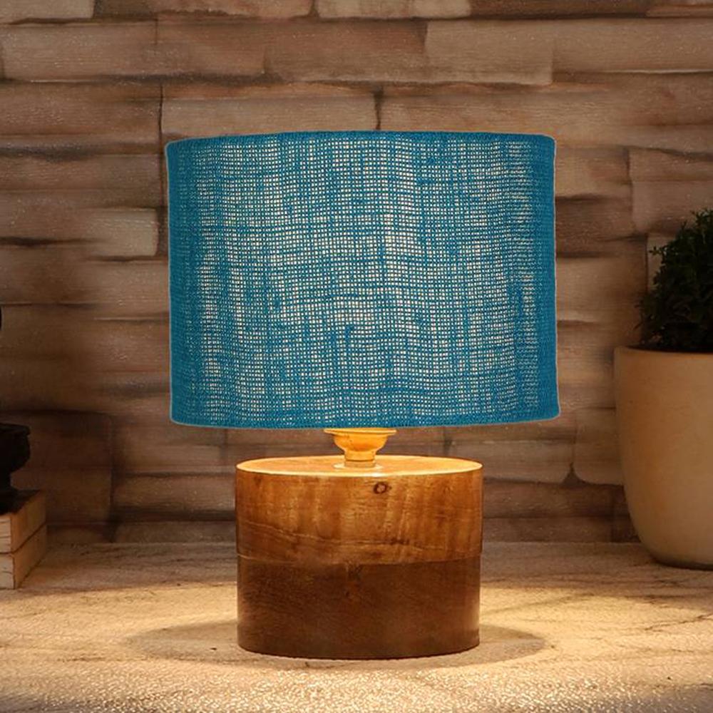 Darcy Turquoise Jute lamp with Natural Wood Base - Devansh
