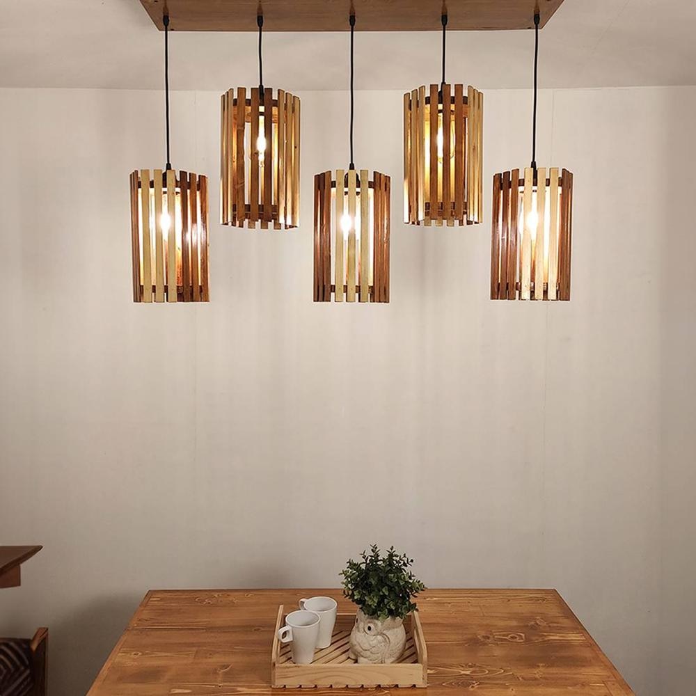 Hexa 5 Series Brown Solid Wood Cluster Hanging Light