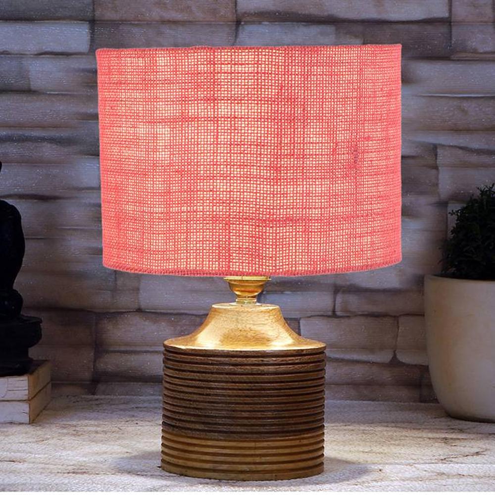 Amaya Pink Jute table lamp with Natural Wood Base - Devansh