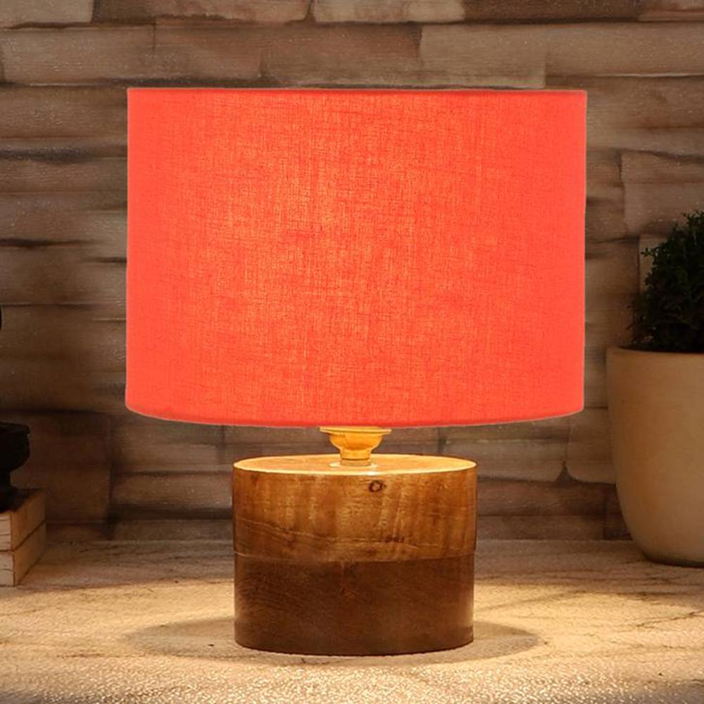 Corinna Orange cotton table lamp with Natural Wood Base