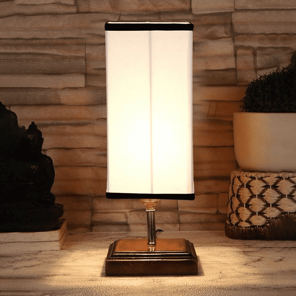 Elske white & black cotton table lamp with Square Brown Wood Base