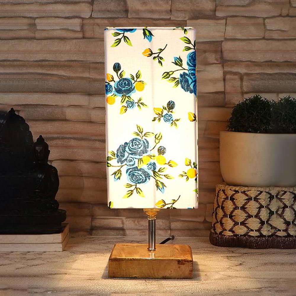 Flavius Multicolor cotton table lamp with Square Natural Wood Base - Devansh